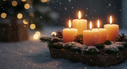 Lit candles on festive arrangement with falling snow and bokeh lights