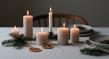 Lit candles on festive tabletop display with decorative elements