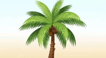 Obraz premium Vibrant Palm Tree with Green Fronds on a Sandy Beach Against a Soft Blue Sky
