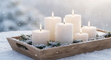 Lit candles on wooden tray with snowfall background festive winter decor