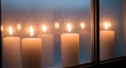 Lit candles reflecting in window creating calm atmosphere and glow