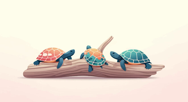 Three stylized turtles bask on a textured log