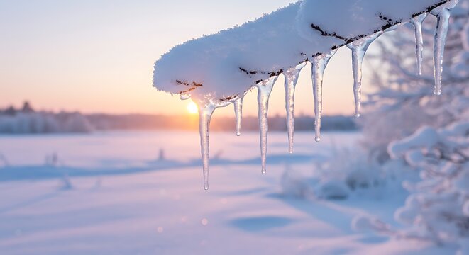 Snow covered branch with icicles against a soft sunset sky background