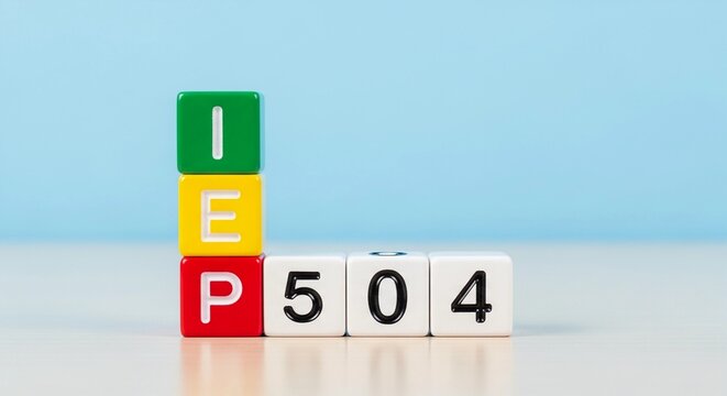 Colorful blocks spelling IEP 504 on a light blue background