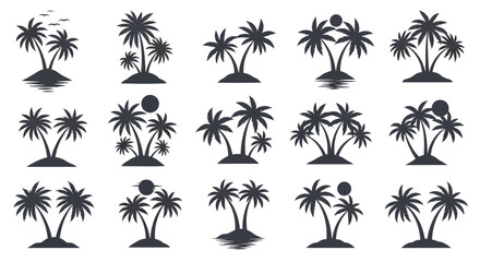 Collection of stylized palm tree icons on islands for tropical travel and resort themes © Avoxel