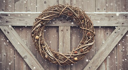 Rustic wreath on wooden door winter decor with snowfall effect