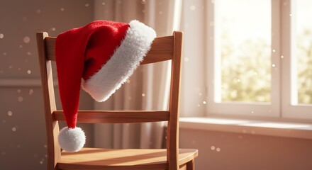 Santa claus hat resting on a wooden chair near a window with bright sunlight