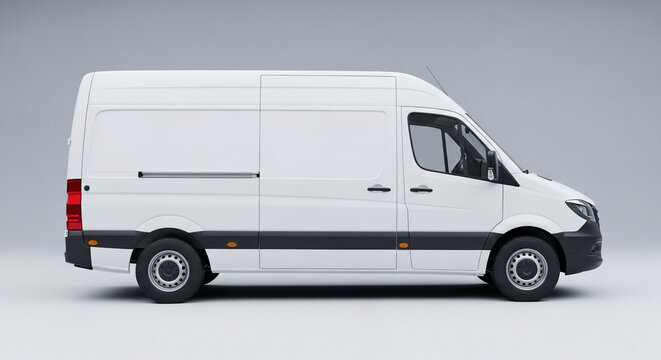 White Cargo Delivery Van Mockup Isolated on Light Gray Background, Side View