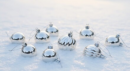Shiny silver ornaments arranged on a snowy surface against soft diffused light