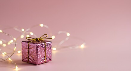 Pink gift box with golden bow and sparkling lights on soft pink backdrop