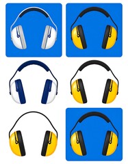 Six illustrations of safety earmuffs in different colors. Blue, white, and yellow headphones. Safety gear icons
