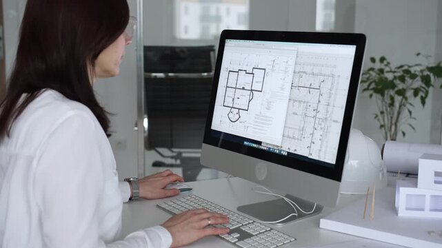 Female architect working on computer, developing residential floor plans and blueprints, creating innovative designs. Business and architecture concept