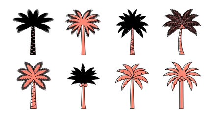 Set of eight stylized palm trees in coral and black, graphic design elements © Avoxel