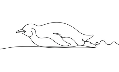 Penguin sliding across ice surface rendered in artistic single continuous line drawing art © Nipun Mitra123