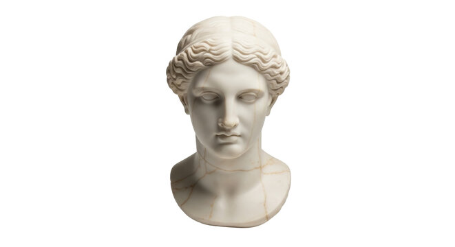 Marble bust of a woman isolated PNG on transparent background, classical sculpture of a female head for art and design projects