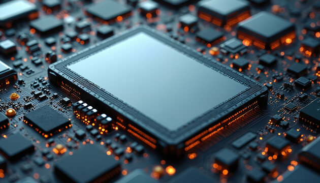 Close up electronic circuit board with glowing orange lights. Microchips and processors form intricate patterns on complex pcba. Technology background with integrated circuits and hardware components.