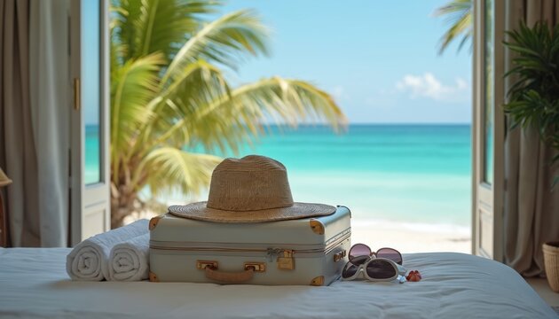Suitcase hat and sunglasses on bed in hotel room. Open doors reveal beach sea and palm trees. Tropical vacation setup for leisure and relaxation.