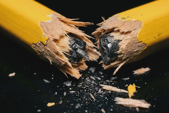 Macro close up of yellow wooden pencil snapped in half showing jagged wood splinters and frustration concept