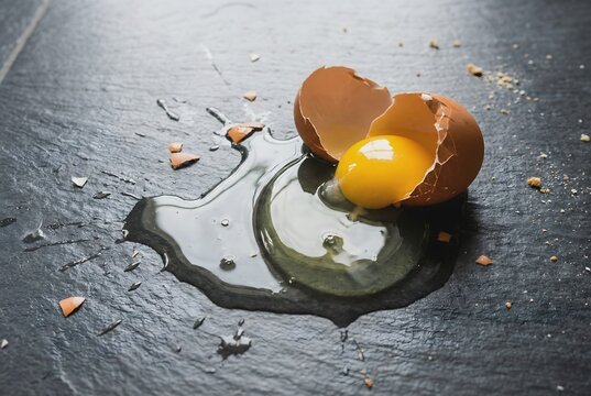High angle view of raw egg dropped and smashed on dark floor with broken shell shards and spilling yellow yolk