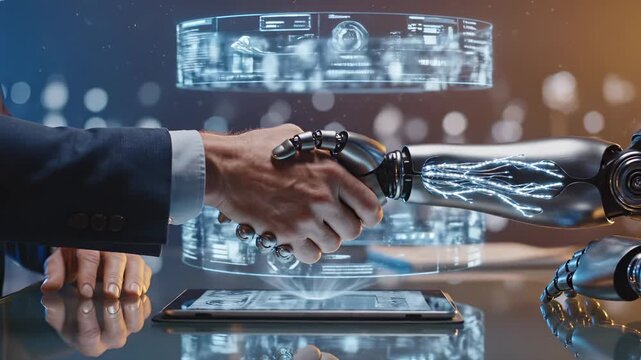Human shakes hands with robot over holographic display. Business partnership between human and artificial intelligence. Man and robot handshake with digital interface. AI collaboration concept.