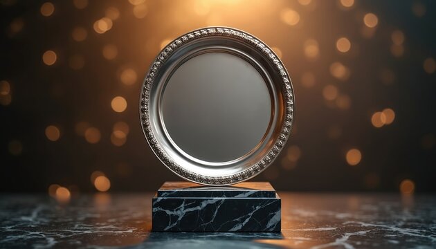 Silver plate award sits on marble pedestal, empty circular surface reflects light. Festive bokeh lights sparkle on dark background, signifying achievement, success, and recognition.