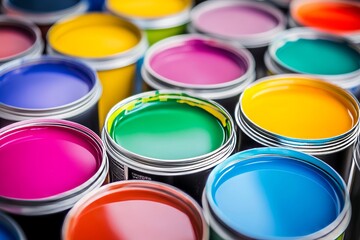 Fototapeta premium Colorful paint cans arranged in a neat display for art and DIY projects at a local craft store