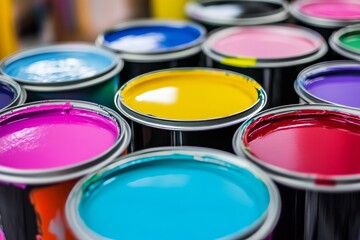 Fototapeta premium Bright paint cans in a workshop display colorful options for artists and DIY projects