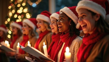 Fototapeta premium Group of women wear Santa hats singing carols by candlelight near Christmas tree. Friends celebrate holiday season together with festive joyful mood in warm indoor setting.