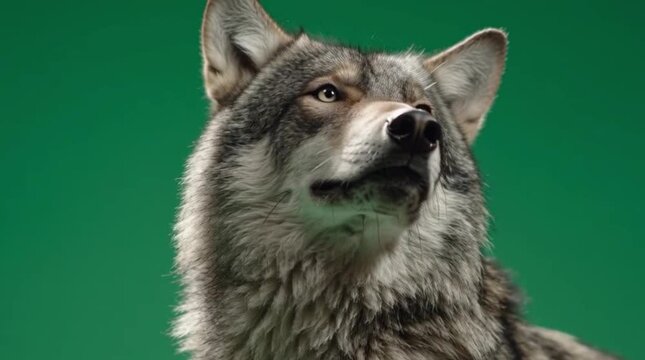 Close-up portrait of a majestic wolf looking upwards against a plain green background, highlighting its fur and keen gaze