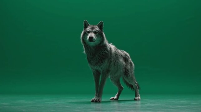 A majestic wolf stands on a vibrant green screen stage, showcasing its wild beauty and natural presence in a studio setting