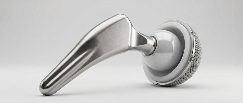 Hip implant on white background. Artificial joint for orthopedic surgery. Medical prosthesis concept for health magazine.