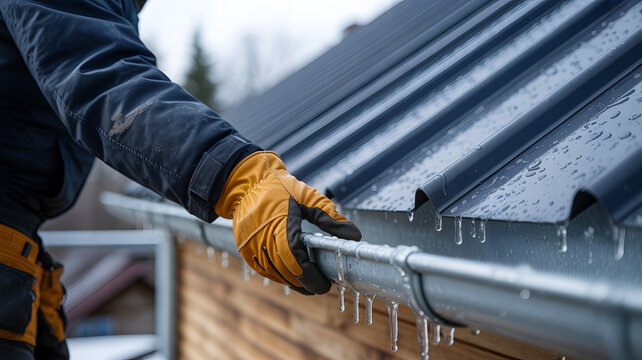 Cleaning frozen gutter from snow and ice, winter roof maintenance and home protection concept