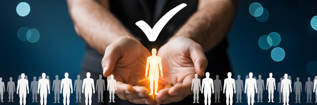 Approved candidate selection concept, business hands choosing best employee with check mark symbol