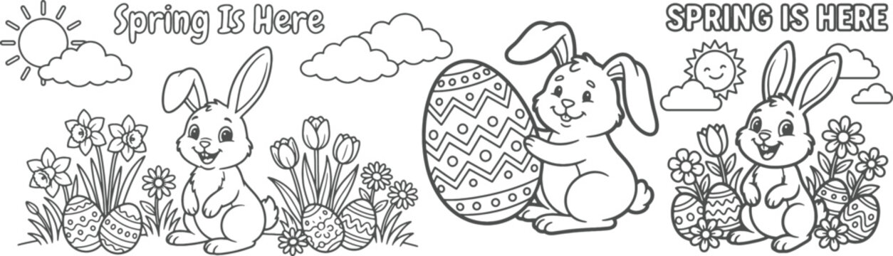 bunny painting easter egg and some flowers, coloring page ready to print on standard 8.5x11 inch paper. eps file.