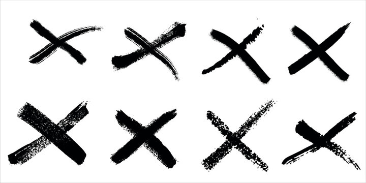 A collection of eight black x marks with varying brush strokes on a white background
