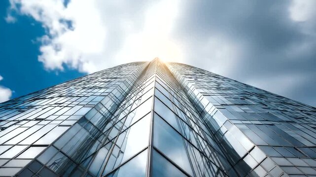 Modern Glass Office Building Exterior with Sunlight Reflection.