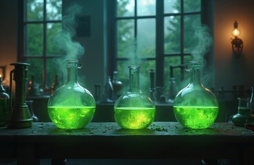 Three round glass flasks hold glowing green liquid emitting smoke. They sit on a wooden table in a dimly lit laboratory. Science experiment in progress with bubbling chemical reaction.