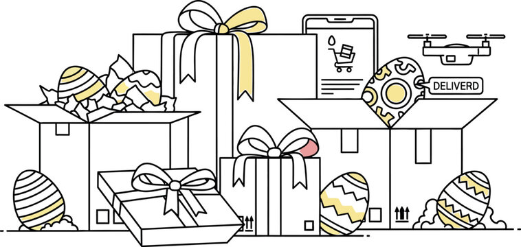 Illustrated concept showing drone delivery of wrapped presents and decorated easter eggs suggesting seasonal holiday shipping and online retail fulfillment for springtime celebrations