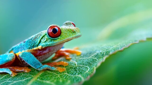 Red Eyed Tree Frog Sitting on Leaf.