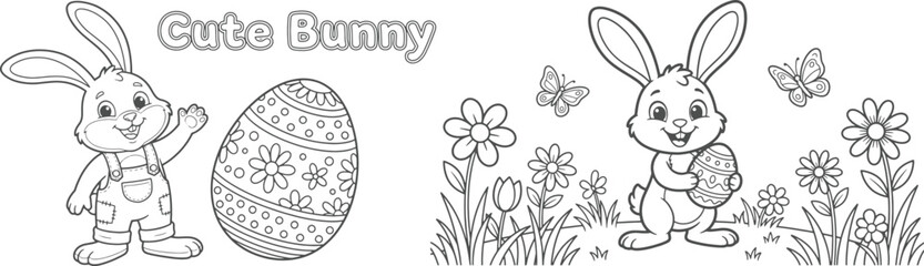 bunny painting easter egg and some flowers, coloring page ready to print on standard 8.5x11 inch paper. eps file.
