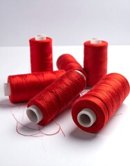 Six red spools of sewing thread are displayed on a white surface with a shadow against a light background