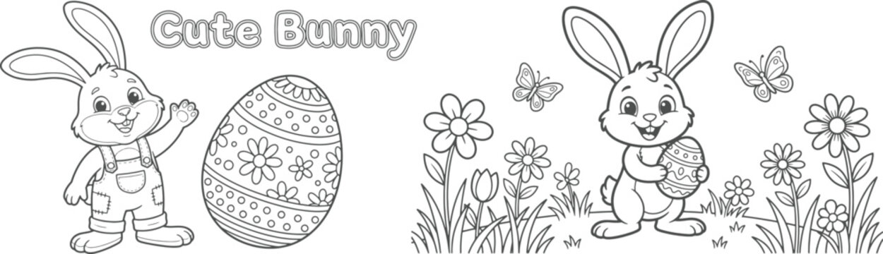 bunny painting easter egg and some flowers, coloring page ready to print on standard 8.5x11 inch paper. eps file.
