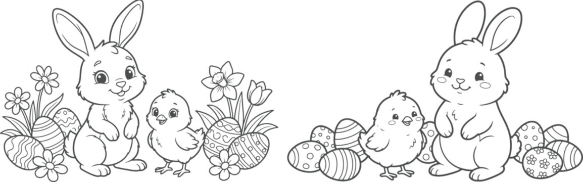 bunny painting easter egg and some flowers, coloring page ready to print on standard 8.5x11 inch paper. eps file.
