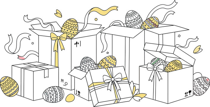 Adorable illustration depicting multiple cardboard shipping boxes overflowing with colorful patterned easter eggs and bright festive ribbons creating a whimsical holiday delivery scene