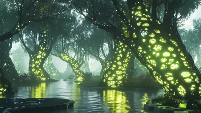 Futuristic swamp with glowing vines absorbing water in a mystical setting