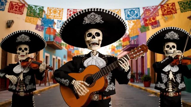 Day of the Dead Mariachi Skeletons Playing Music in a Vibrant Mexican Street.
