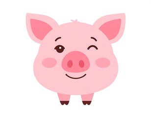 Smiling pink pig cartoon face, winking with one eye. Simple, cute, and cheerful