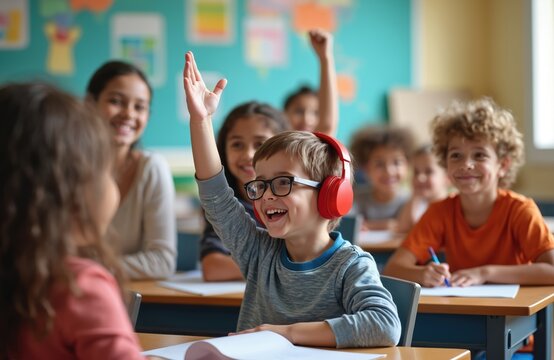 Boy with red headphones raises hand in classroom. Smiling kids and teacher at inclusive school lesson. Children learn together and participate actively in educational activity.