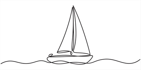 Minimalist continuous line drawing of a sailboat sailing on gentle ocean waves. Vector, illustration © Kanu Art_Gallery