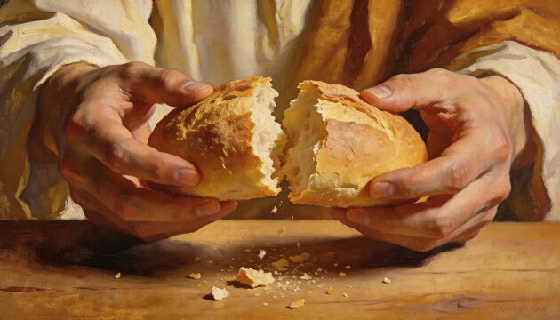 A man, Jesus, breaking bread with a cup on the table. The Body of Christ and the symbolism of the New Testament. The concept of the Eucharist and Holy Communion in Christian art.